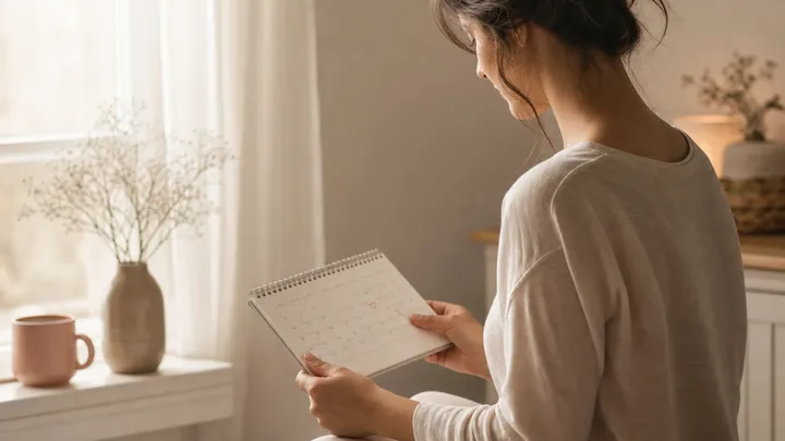 Mujer sentada junto a una ventana mirando un calendario en el inicio de la búsqueda de embarazo