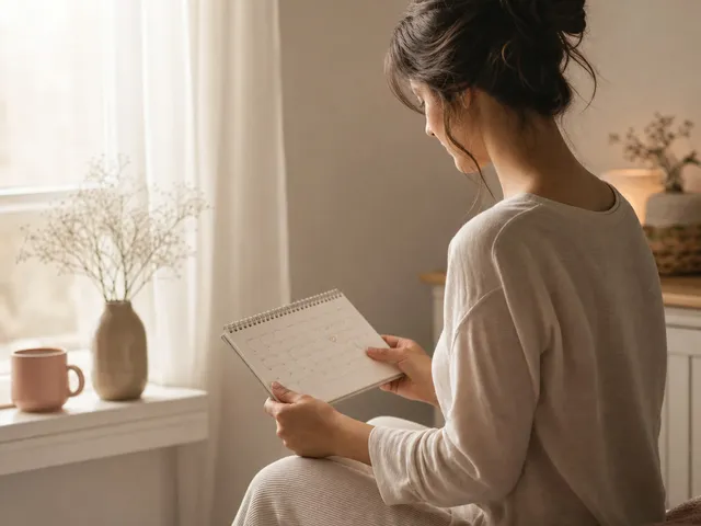 Mujer sentada junto a una ventana mirando un calendario en el inicio de la búsqueda de embarazo