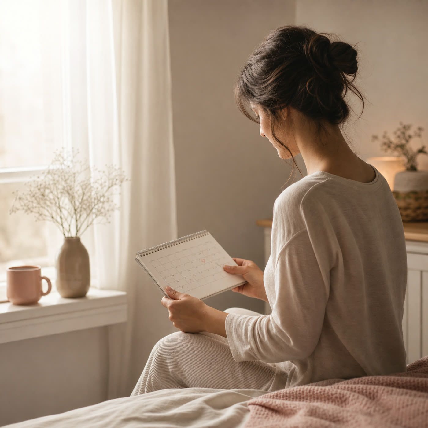 Mujer sentada junto a una ventana mirando un calendario en el inicio de la búsqueda de embarazo