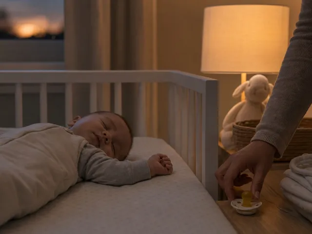 Mesita de noche en una habitación infantil con chupete, luz cálida y cuna desenfocada