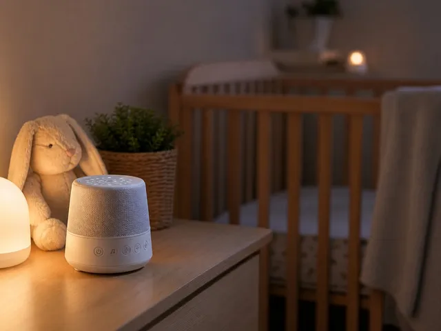 Máquina genérica de ruido blanco en una mesita de habitación infantil con luz tenue