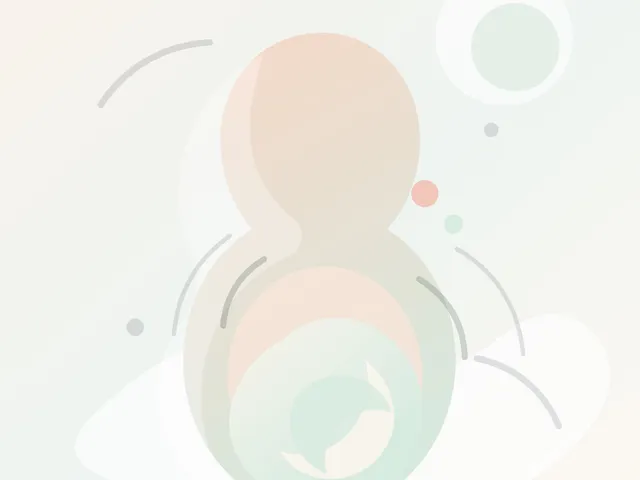Ilustración editorial de una madre embarazada con formas suaves de movimiento fetal