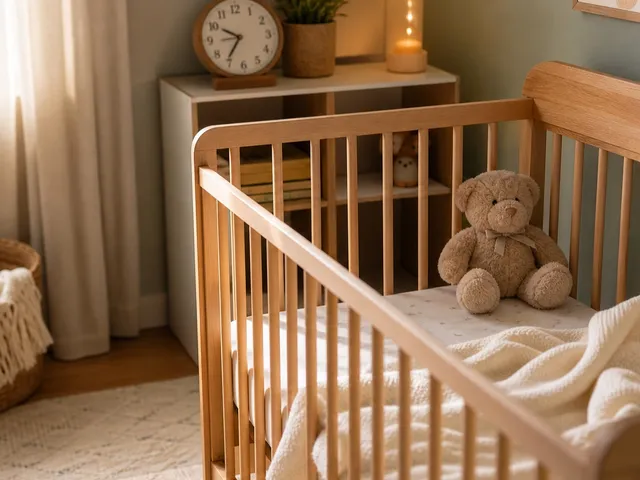 Habitación de bebé con cuna, manta clara y un reloj pequeño sobre una repisa