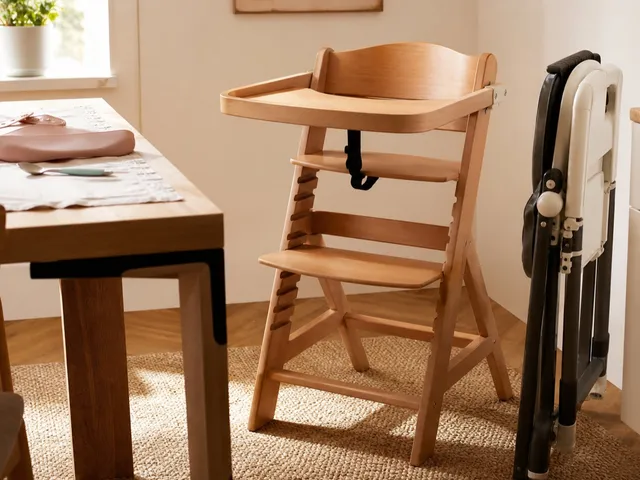 Trona de bebé genérica en una cocina luminosa junto a una mesa con cuchara y babero
