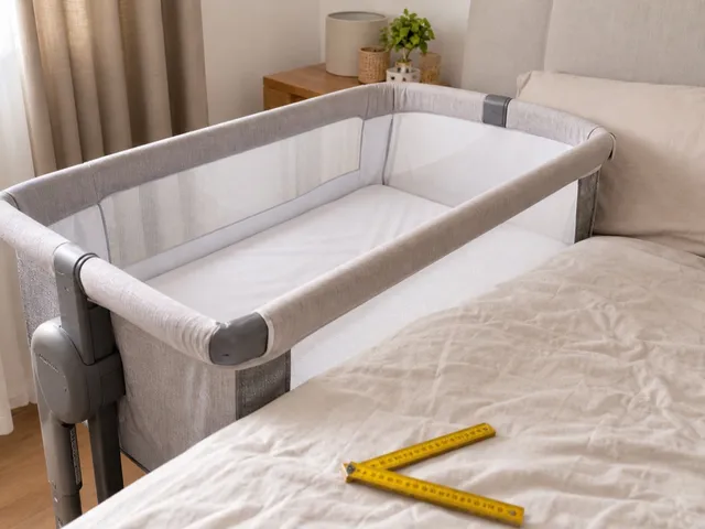 Cuna colecho genérica junto a una cama adulta con sábanas claras y cinta métrica