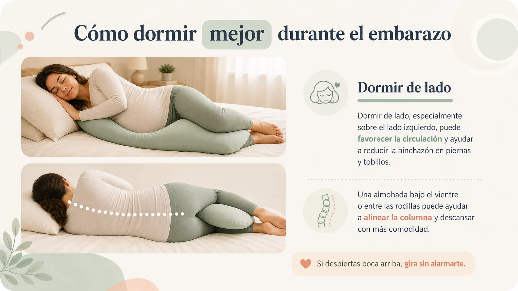 Gráfico sobre dormir de lado durante el embarazo, con almohada entre las rodillas y apoyo bajo la barriga
